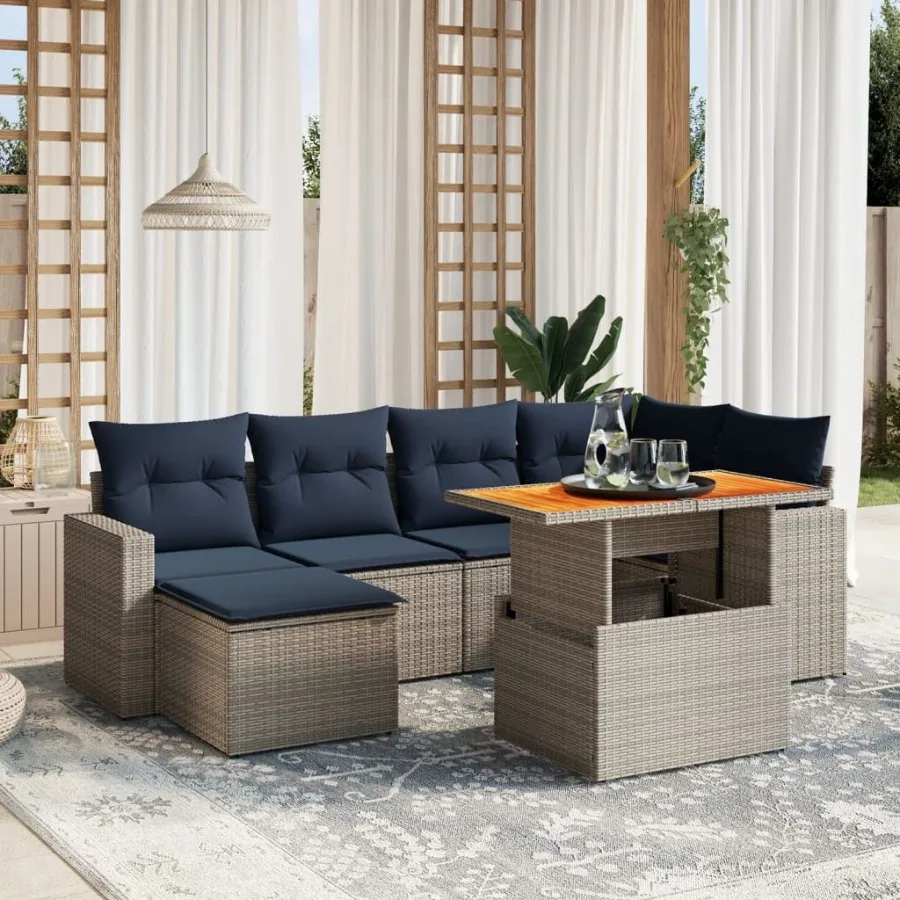 

7 Piece Patio Sofa Set with Cushions Gray Poly Rattan