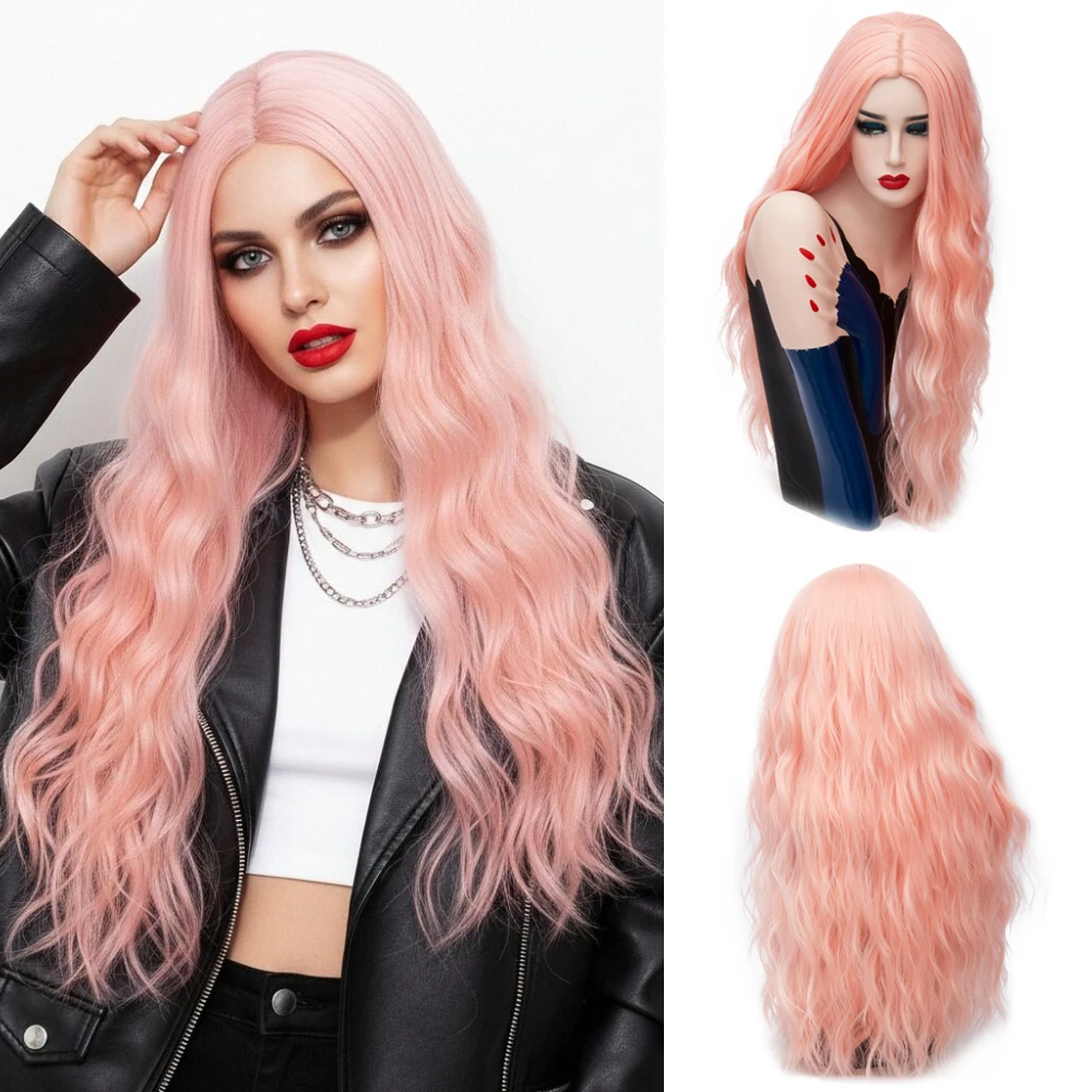 Long Wavy Middle Part Synthetic Wig Orange Women’s Heat Resistant Natural-Looking for Cosplay Halloween & Casual Glam Looks