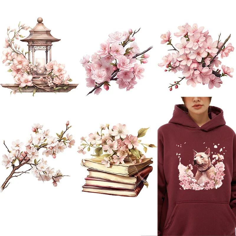 Watercolor Beautiful Cherry Blossom Iron on Patches for DIY Heat Transfer Clothes Thermal Transfer Stickers Decoration Printing