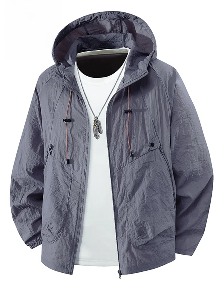 

Men's Summer Lightweight Loose Fit UV Protection Ice Silk Hooded Jaet Breathable Outerwear Casual Sle Nylon Fabric Coat