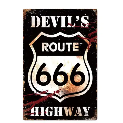 Original Retro Design Route 666 Tin Metal Signs Wall Art | Devil ’s High Way | Thick Tinplate Print Poster for Garage