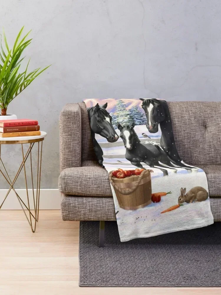 Black Appaloosa Horses In Snow Throw Blanket for sofa Fashion Sofas Blankets