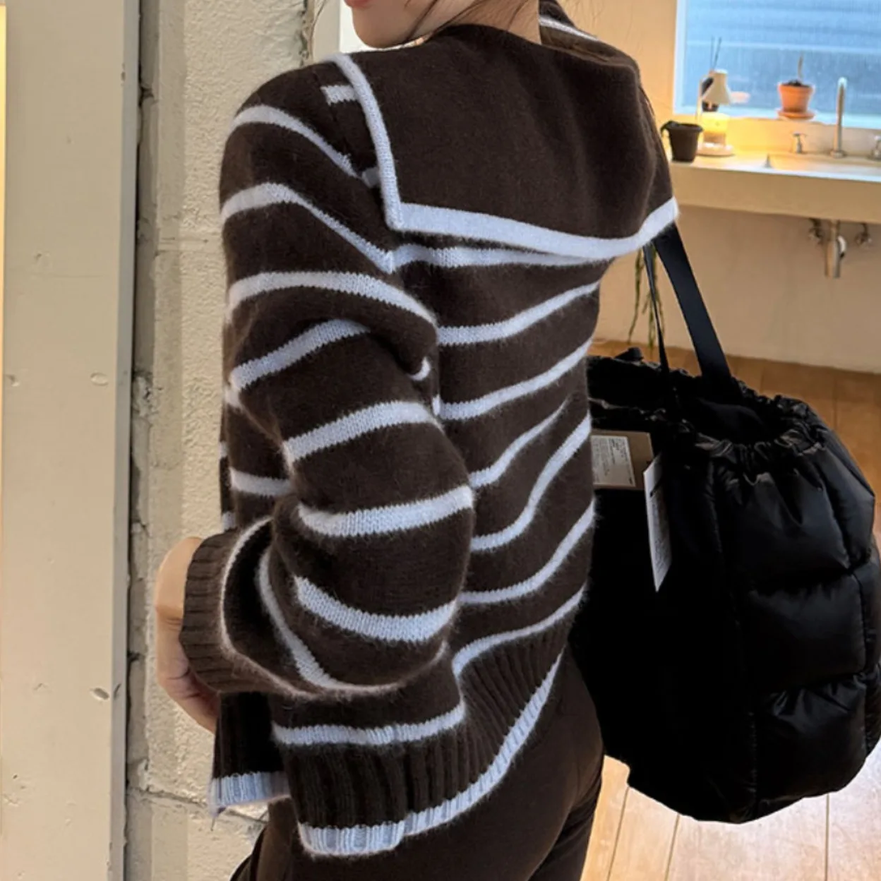 시크한 가을 겨울 빈티지 디자인 안티에이징 네이비 칼라 지퍼 스트라이프 니트 스웨터 여성 오픈 가디건 한국 스타일 스트레이...