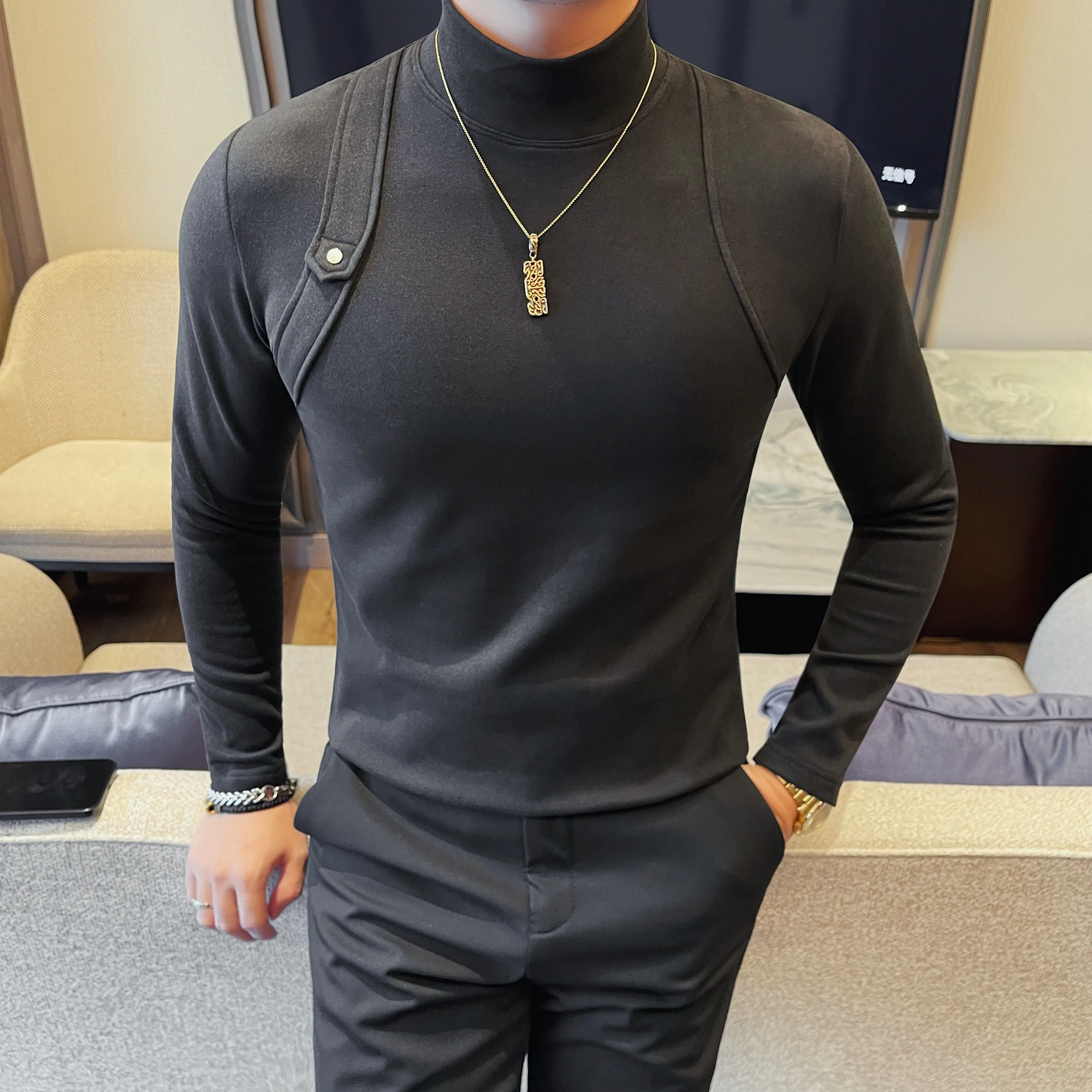 Autumn Winter New Men's Half High Neck Double Sided Velvet T-Shirt High Qualitys Strap Design Slim Solid Casual Long Sleeve Tee