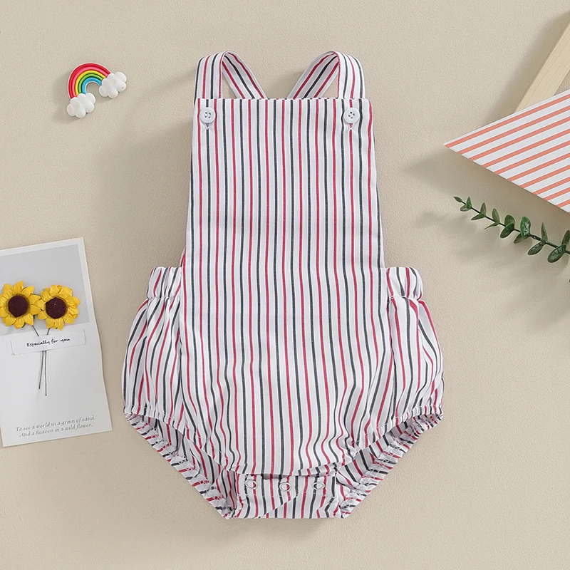 

Newborn Baby Boys Girls Romper Stripe Print Sleeveless Button s Overalls Jumpsuit Infant Summer Clothes