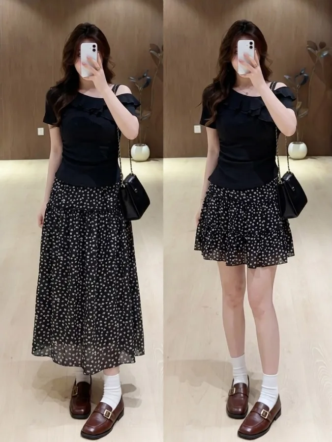 

plus Size Fashionable Two-Piece Set Summer New Design Shoulder Bared Floral Half-Skirt Short Sleeve Top High Waist A-Line Skirt