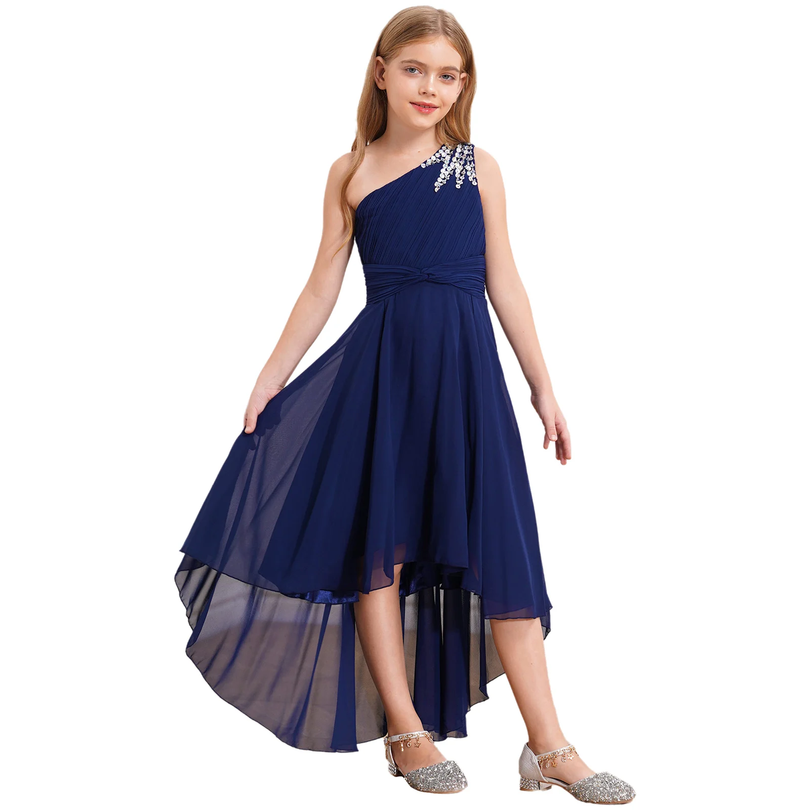 Glänzende Perlen One Shoulder Blumenmädchenkleid Kind Mädchen Prinzessin Kleid Sommer Chiffon Tüll Hochzeit Party Maxikleid Abend Proms