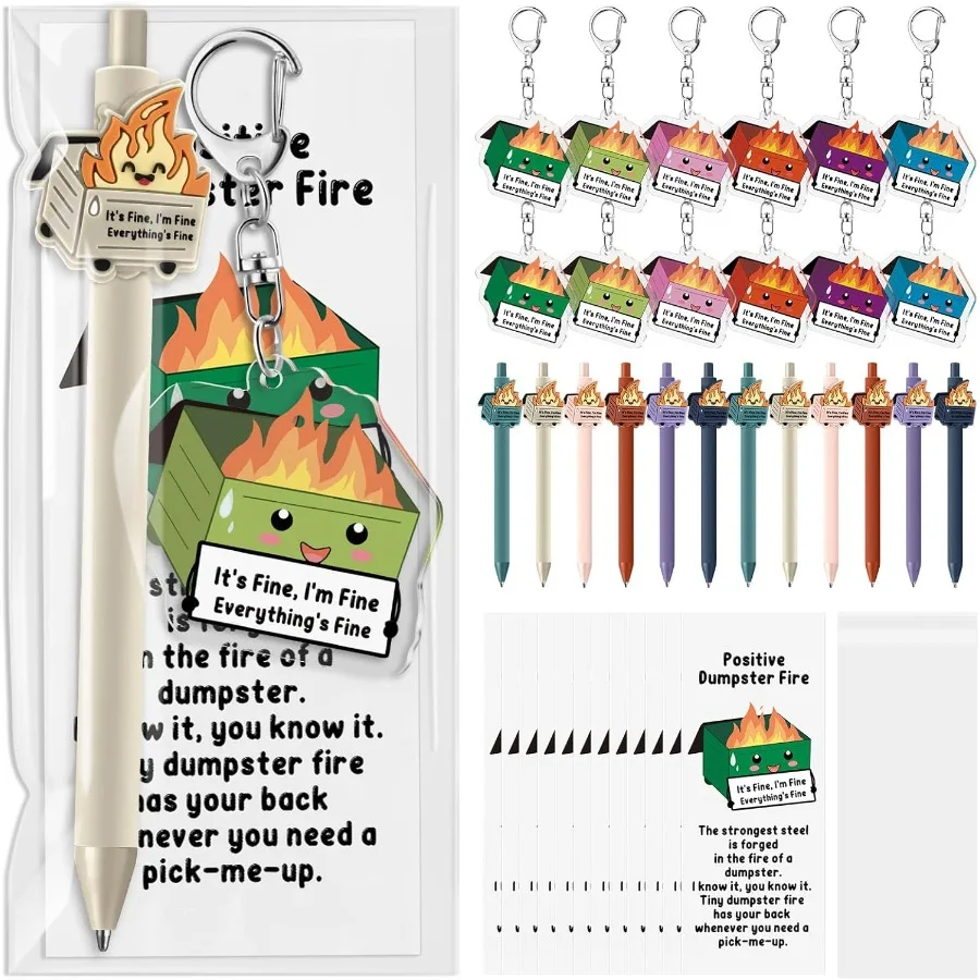 

12 Sets Dumpster Fire Gifts Christmas Funny Ballpoint Pens Acrylic Keychains and Bookmarks Employee Emotiol Support Appreciatio