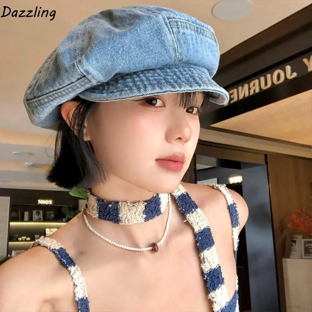 

Fashion Vintage Washed Denim Beret Newsboy Visor Octagonal Cap Cloud Artist Peaked Hat Streetwear