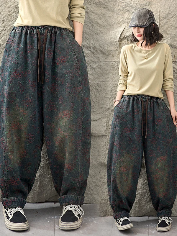 Vintage Patchwork Denim Print Slimming Harlan Pants Long Trousers Worn-look Casual Cotton Polyester Blend Autumn Wear