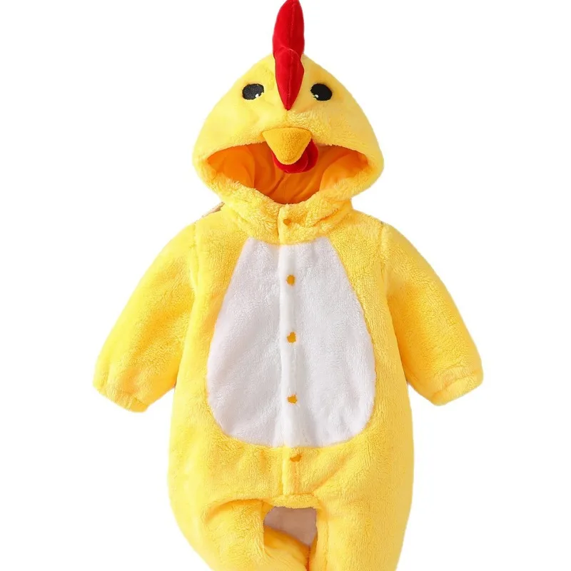 Baby Yellow Chick Button Down Romper Red Comb Fleece Hooded Jumpsuit Newborn Infant Toddler Bodysuit Costume Outfit Clothes