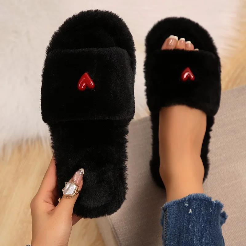 Winter Fashion Heart Shaped Decor Plush House Cotton Slippers 2026 Solid Soft Soled Comfortable Open Toe Non Slip Women Shoes