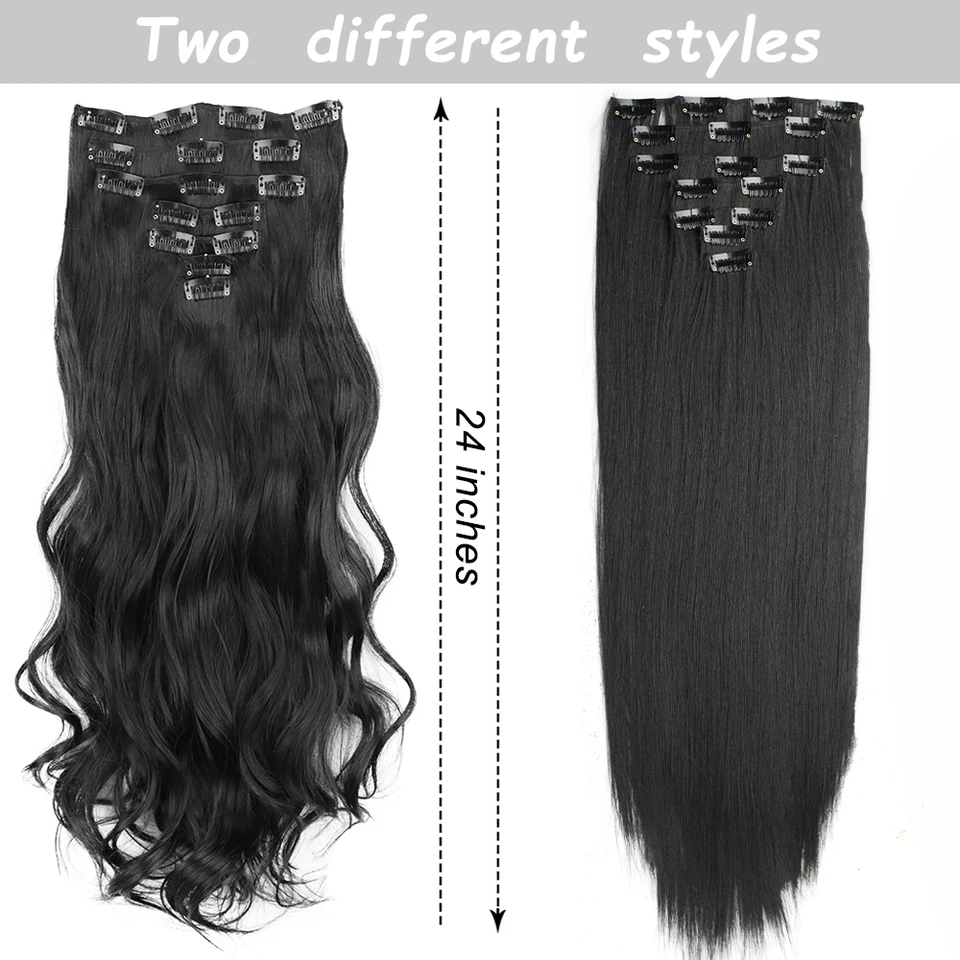 7 Piezas/Lote 16 Clips Extensión de Cabello Negro Largo Liso Natural Ombre Postizo Resistente al Calor Fibra para Peinado de Mujer 2
