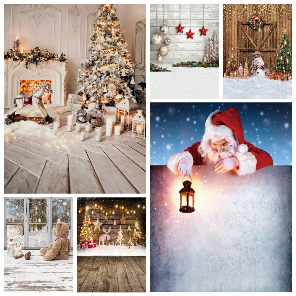 Christmas Photography Backdrop Wooden Floor Xmas Tree Fireplace Baby Birthday Family Party Background Photo Studio Decor Banner