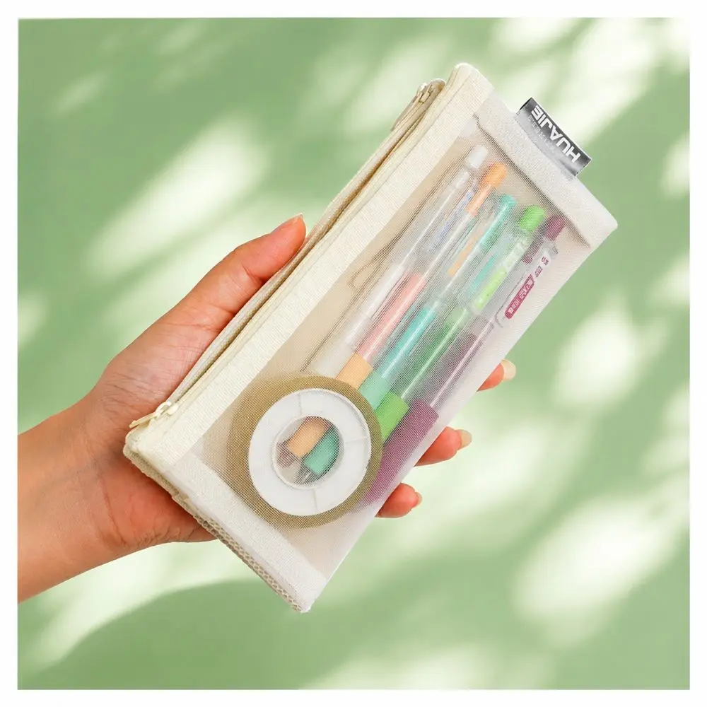 Portable Foldable Mesh Pencil Case Snap Button Double Layer Stationery Bag Large Capacity Pen Bag Students