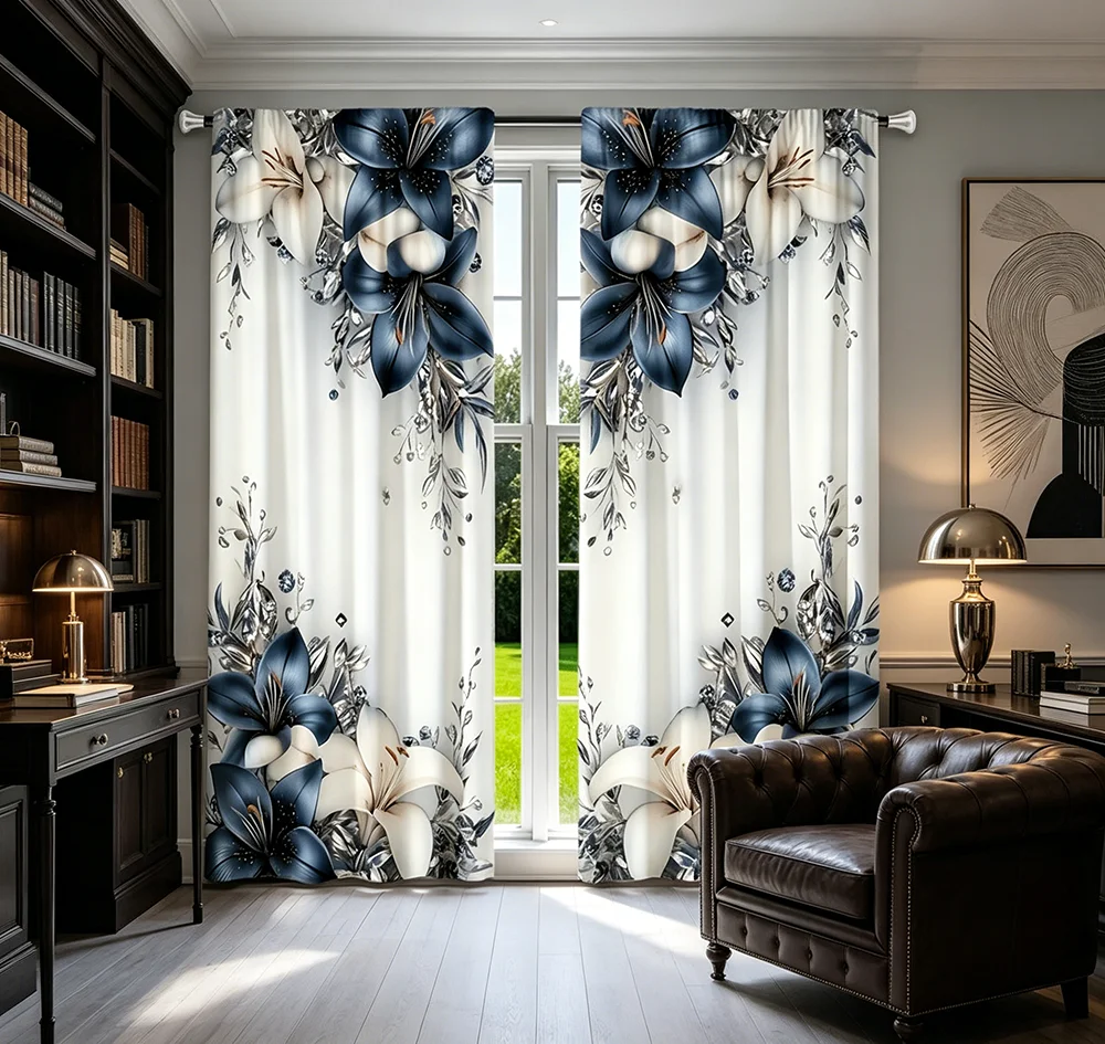2PCS Digital Printed Curtains, Silver Leaf Blue Lily Pattern, Elegant Luxury Cool Tone Style for Living Room Bedroom Home Decor