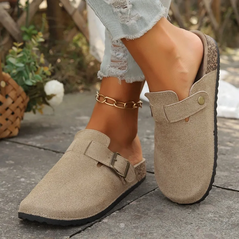 Summer New 2024 Womens Fashion Round Toe Flat Anti-slip Womens Shoes Casual Solid Color Suede Shallow Mouth Slip-on Womens Mules