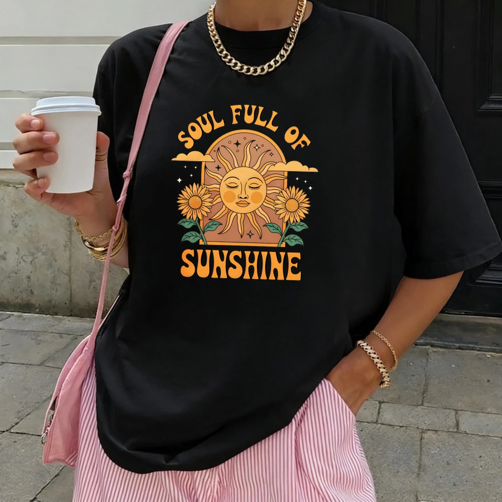 Sunflower Sunshine T-Shirt Boho Cotton Tshirt Soul Full Of Sunshine Celestial Graphic Top Aesthetic Casual Holiday Trendy Outfit
