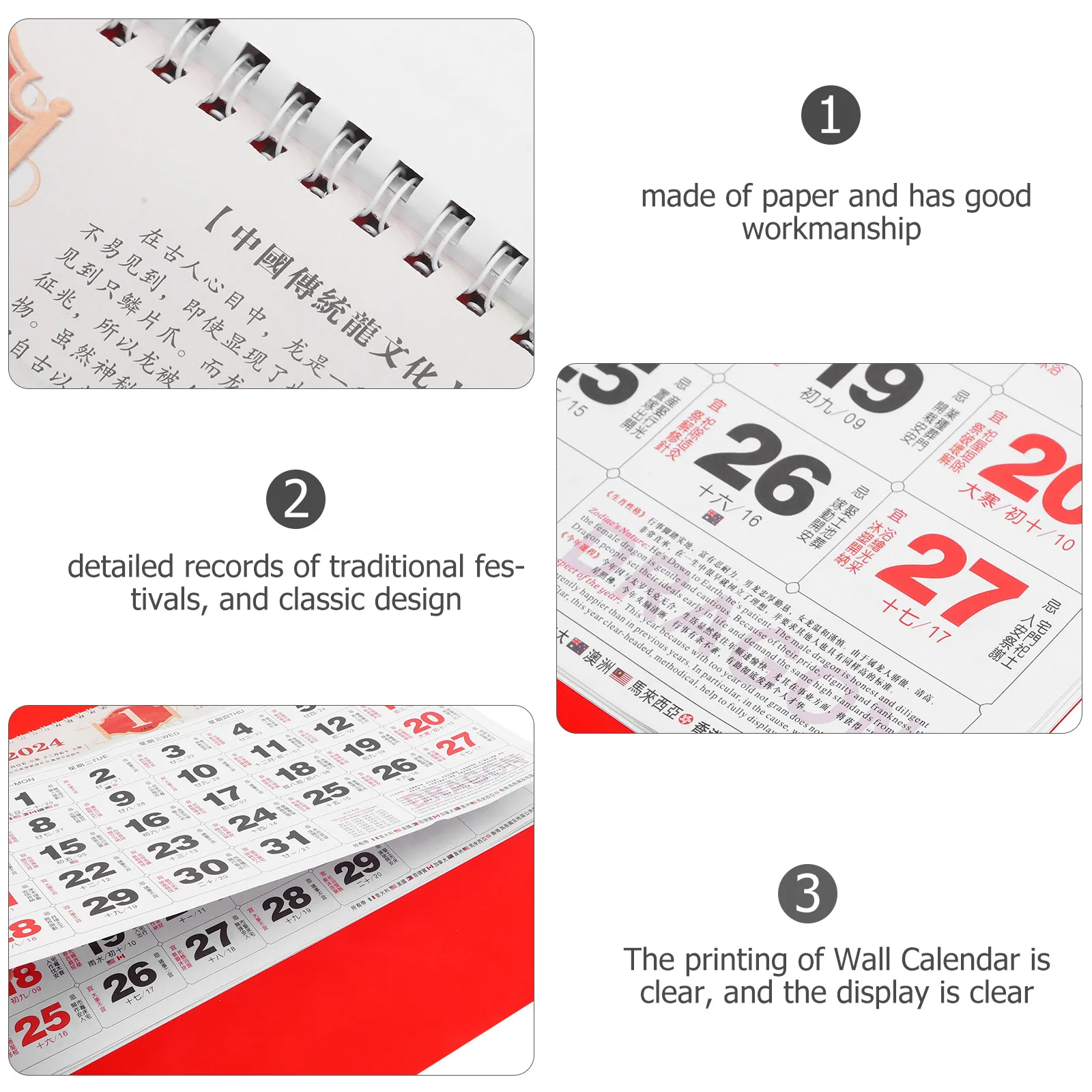 

2024 Gold Foil Fu Character Wall Calendar Chinese Traditional Paper Hanging Calendar Lunar New Year Decorative Office Home Year