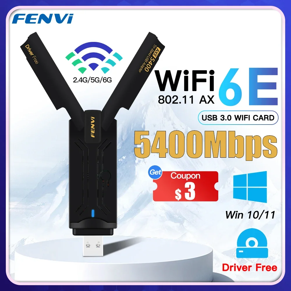 Fenvi 5400Mbps 와이파이 6E USB 어댑터 동글, 2.4G, 5G, 6GHz, USB3.0, 와이파이 6 네트워크 카드, 안테나 MU-MIMO 플러그 앤 플레이, Win 10/11