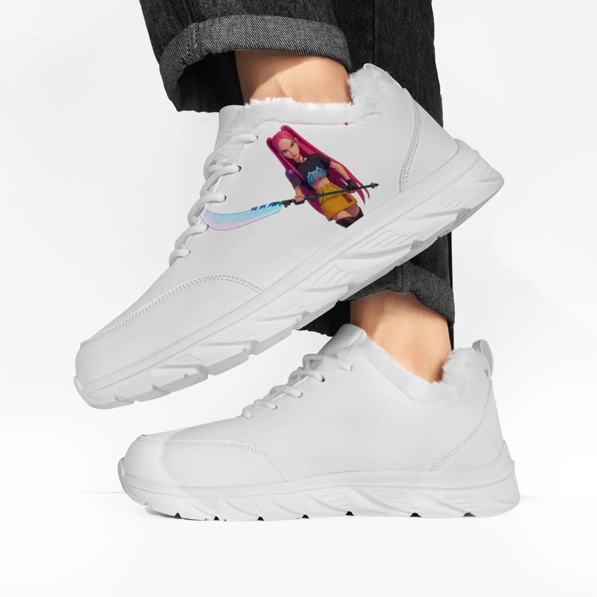 Sepatu Pria Sepatu Kets Berlapis Bulu Putih Modis dengan Pola Gadis Anime Sepatu Lari Pria Sepatu Flat Latihan Jalan Luar Ruangan