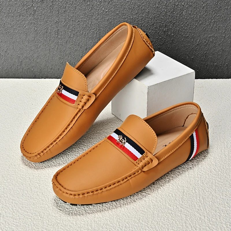 

Luxury Brand Leather Loafers Men Fashion Casual Brown Men's Moccasins Original Design Summer Lightweight Slip-on Flat Shoes Man