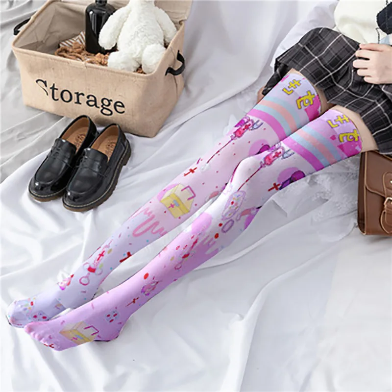 

Japanese Cute Cherry Printed Lolita Pantyhose Cute Lolita Printed Bottom Socks Dark Lolita Girls' Long Stockings