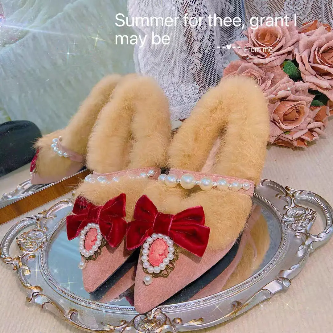 

Luxurious rhinestone pearl ribbon pointed-toe cotton shoes, pink oversized thickened shallow-toed high heels 35-40