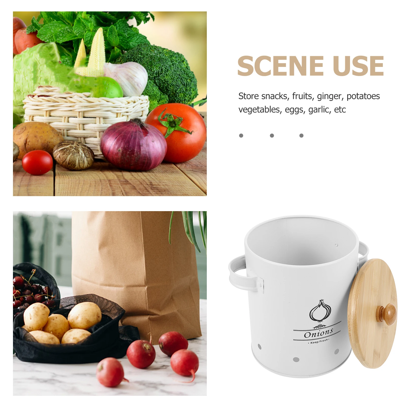 

1pc Vegetable Cans Kitchen Onion Keeper Carbon Steel Storage Bucket Bamboo Lid Medium White Handle Potato Garlic Ginger