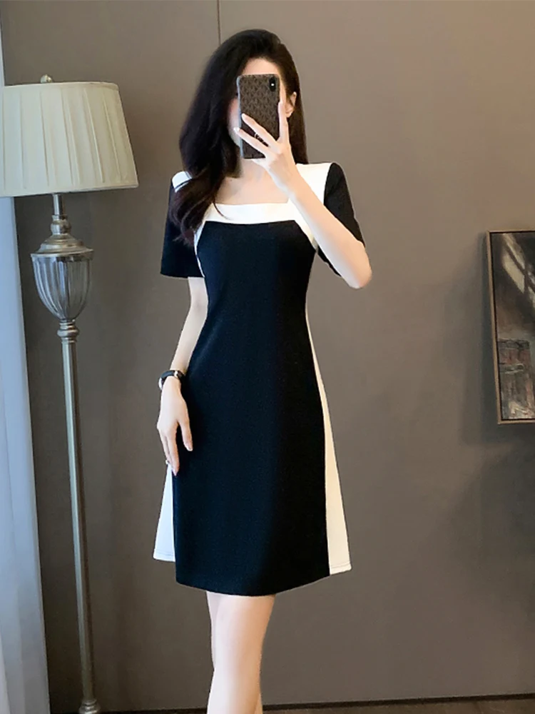 

Slimming A-Line Midi Dr Bla White Patchwork Square Collar Women's Summer New Sle Waist Cinching Dres