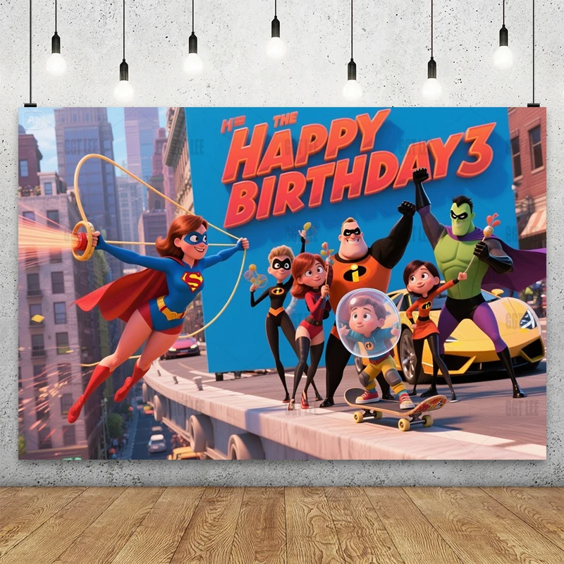 

Disney Incredibles City Chase Backdrop - Elastigirl Dash Violet Banner Vinyl Party Decor Happy Birthday Photography Background
