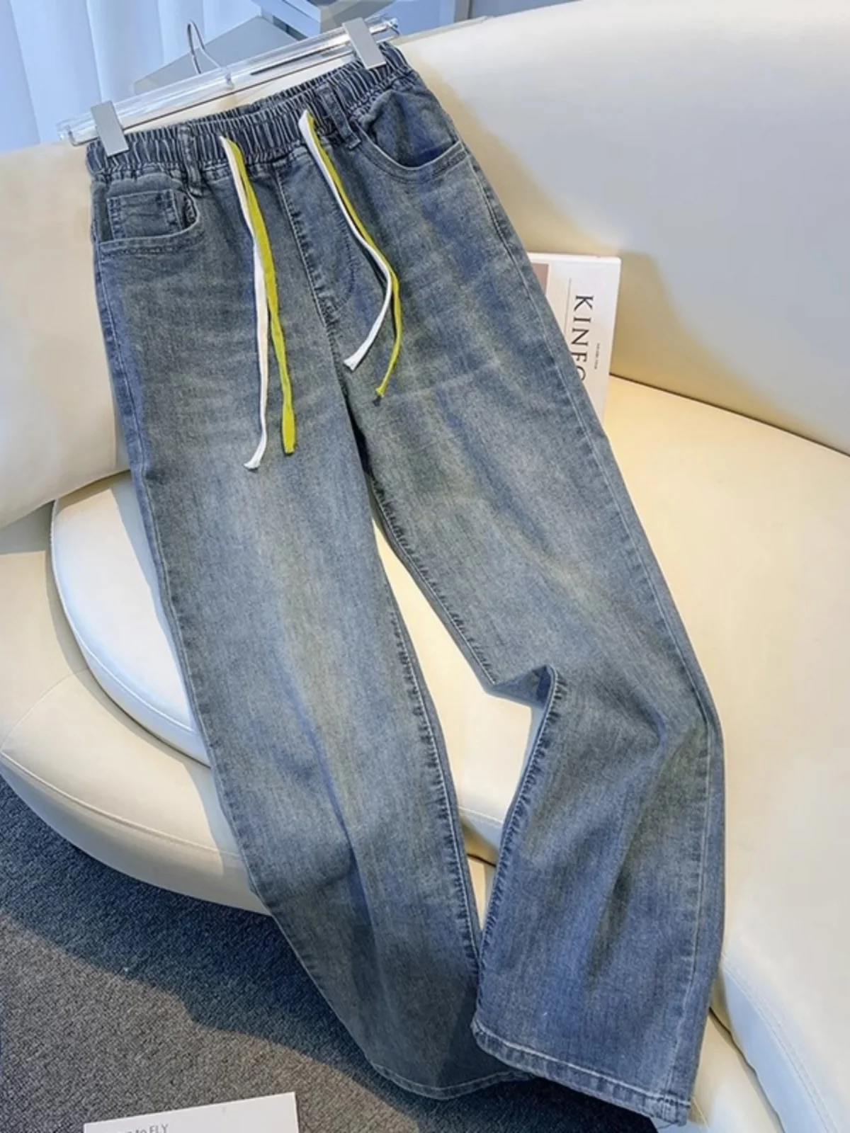 

Drawstring Elastic Waist Women Jeans Spring Autumn Blue Loose Casual Straight Denim Pants Female High Waist Jean Trousers