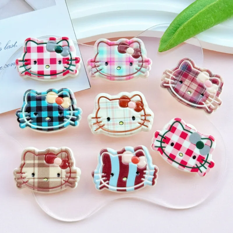 5pcs Cute autumn and winter new beige coffee KT cat head plaid acrylic DIY hairpin hair accessories flatback material wholesale