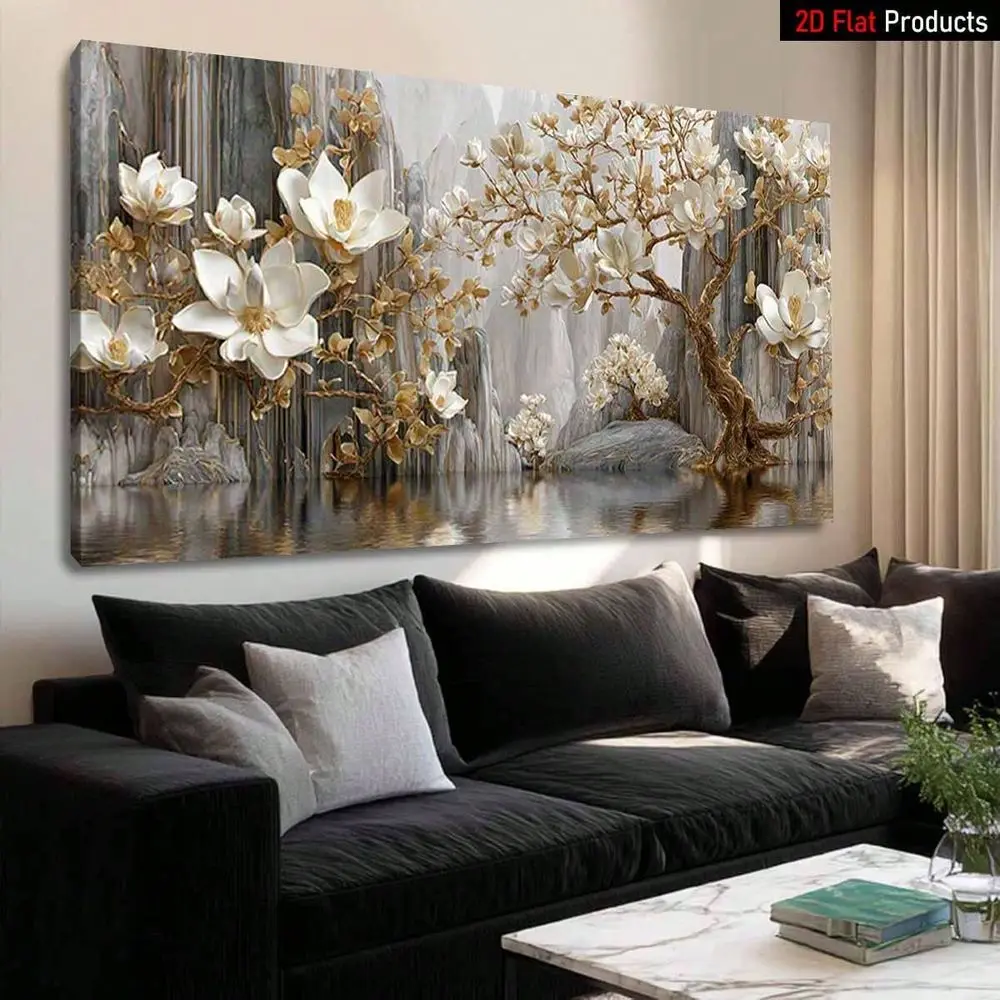 

Flat1 Piece Large Frame Canvas Painting Art Print, White Magnolia Flower Tree With Golden Accents High Quality Wall Art Printed