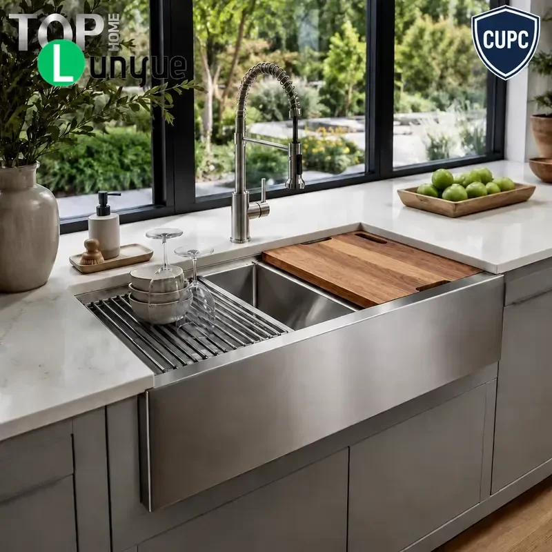 Modern Farmhouse Apron Front Single Bowl Kitchen Sink Handcrafted 304 Stainless Steel Brushed Finish CUPC Certified