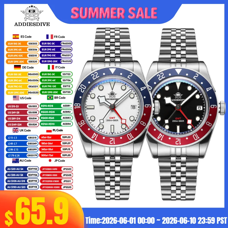 

ADDIESDIVE reloj hombre Men Watches 20Bar Diving BGW9 Luminous AD2044 Swiss Ronda 515-24H GMT Watch Quartz Watch