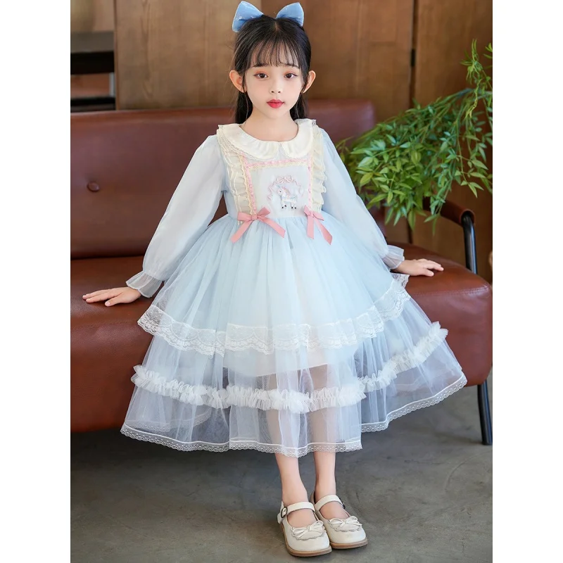 Vestido de princesa bordado dulce para niñas, estilo occidental, tutú de tul Lolita, Otoño, 2024