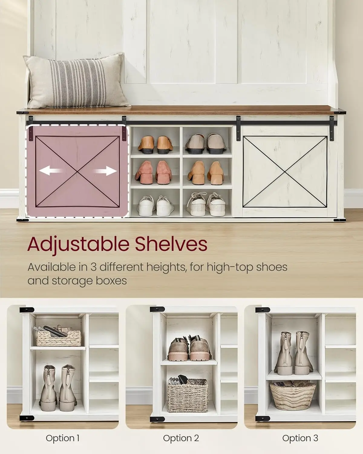 شجرة القاعة مع مقعد، تخزين الأحذية، 6 خطافات ثلاثية، باب منزلق، نمط المزرعة، أبيض ريفي وبني عسلي UHSR443W01