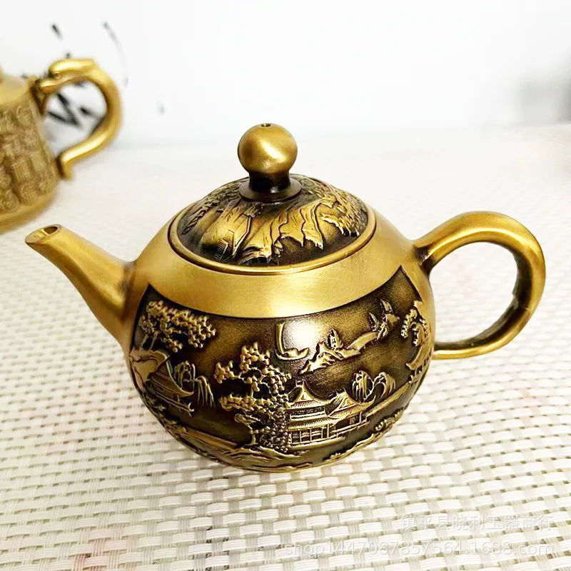 Brass Relief Wind Handheld Phoenix Five Dragons Hundred Blessings Dragon Head Teapot Household Landscape Te