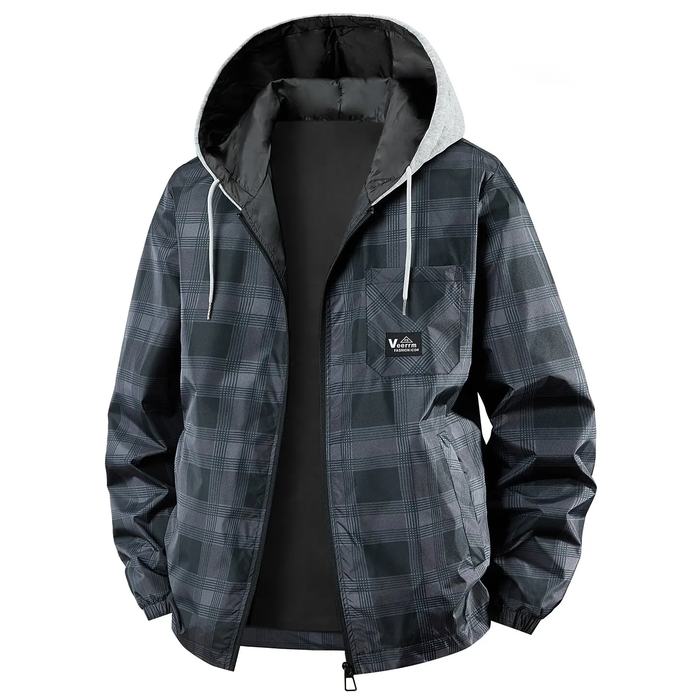 Spring and Autumn New Fashion Trend Checkered Outdoor Windproof Hooded Sweatshirt Men's Loose-Fit Sportswear Oversized Jacket