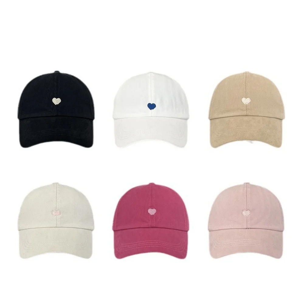 Embroidered Heart Design Baseball Cap Hollow Top High Ponytail Cap Adjustable Solid Color Sun Hat for Women Girls Sweet Flat Cap