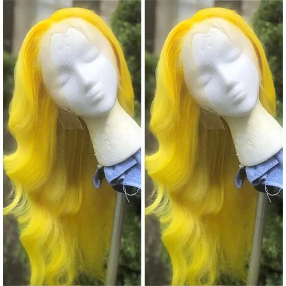 Yellow Body Wave Wig Lace Front Long Wave Wigs for Women Synthetic Lace Front Wig Heat Resistant Fiber Hair Daily Party Cos Use