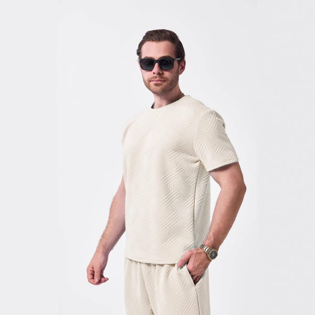 

Men's summer new solid color jacquard outdoor simple casual round neck short sleeve T-shirt