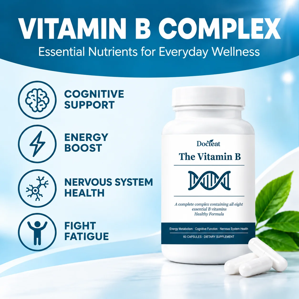 High Strength B Vitamins for Fatigue, Nervous System & Metabolism Cognitive Support Brain Health B Complex 60Capsules for Adults