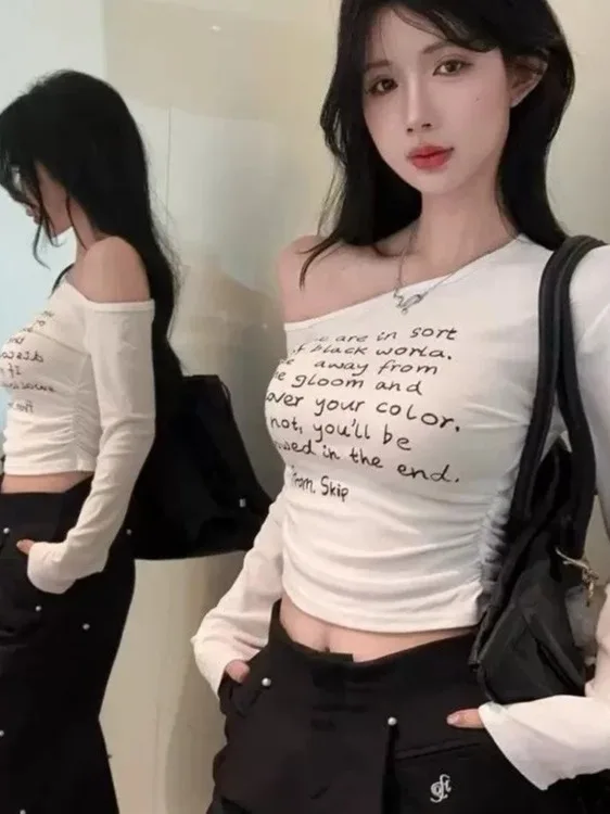 Slim Fit Long Sleeve T-Shirt Women's Spring Autumn White Print Crop Top Belly Baring Slimming Effectiveness Korean Style
