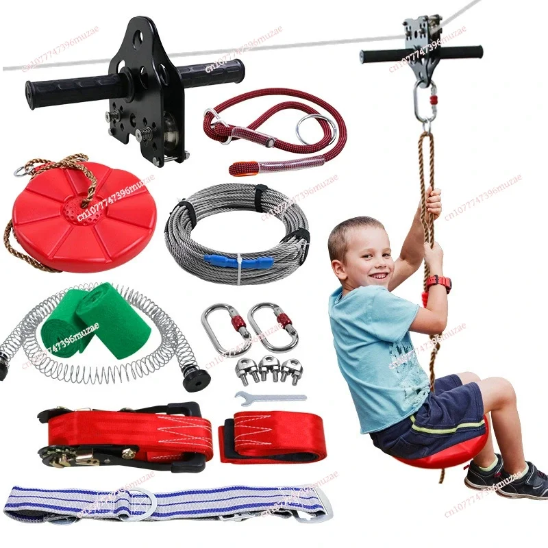 Kids Zipline Kit Steel Cable Handheld Pulley with Swing Seat DIY Outdoor Backyard Crossing Adventure Play Equipment