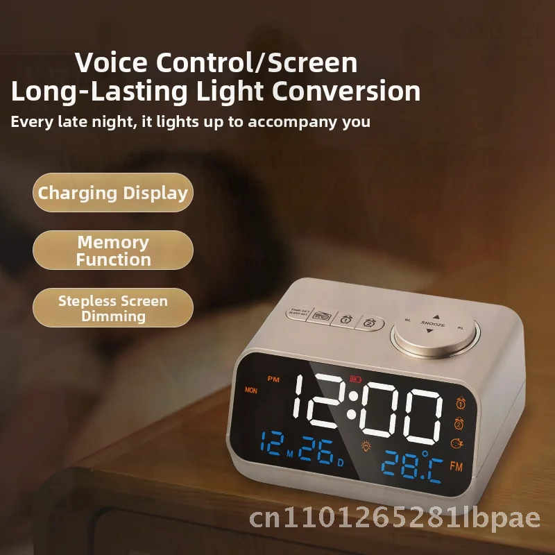 

Multi-Function LED Charging Clock Radio with Music Alarm FM Rotary Channel Thermometer Luminous Mirror Perpetual Calendar Week