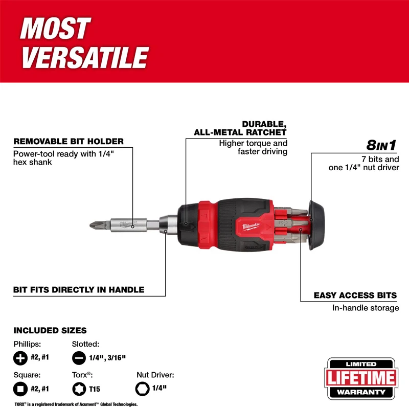 Milwaukee 48-22-2913 8-in-1 Ratcheting Compact Multi-Bit Screwdriver Sets Removable Multi Purpose Hand Tool