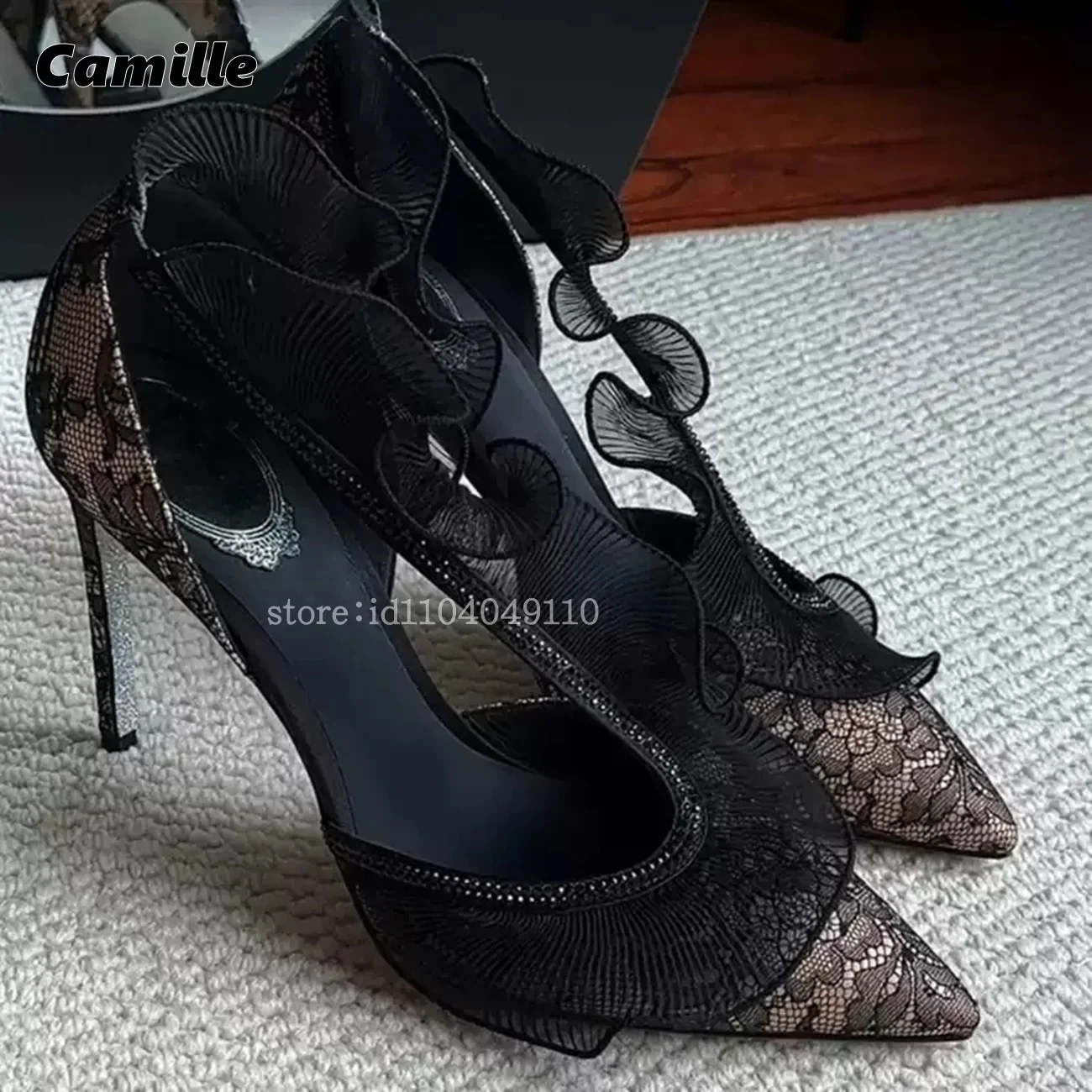 

Pointed Toe Lace Hollow Shallow Sandals Sexy Lady Black Luxury Party Stiletto High Heels Size 34-40 Grace Sandals