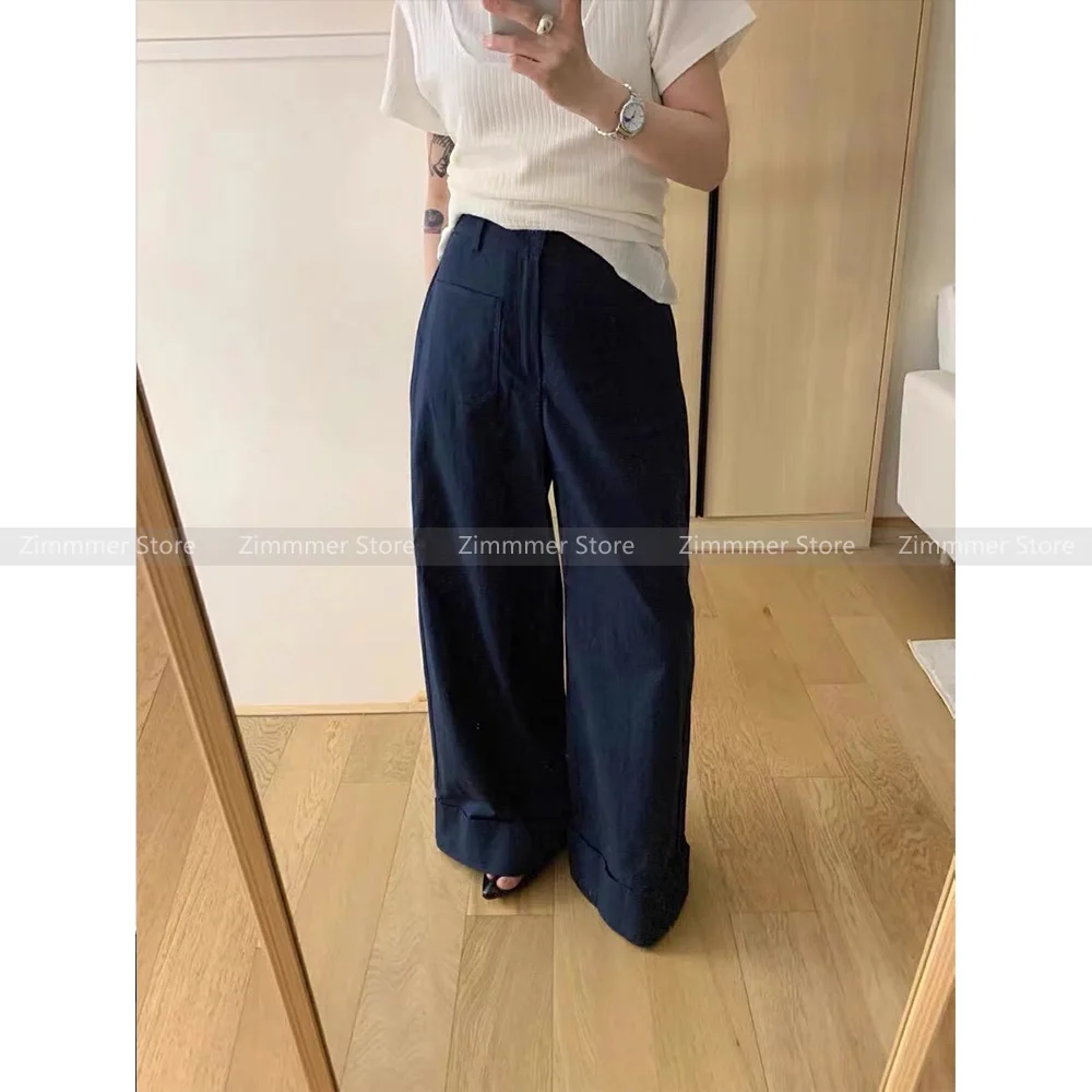 

Stylish high waisted simple fashion casual double pockets decorated hem rolled wide leg pants